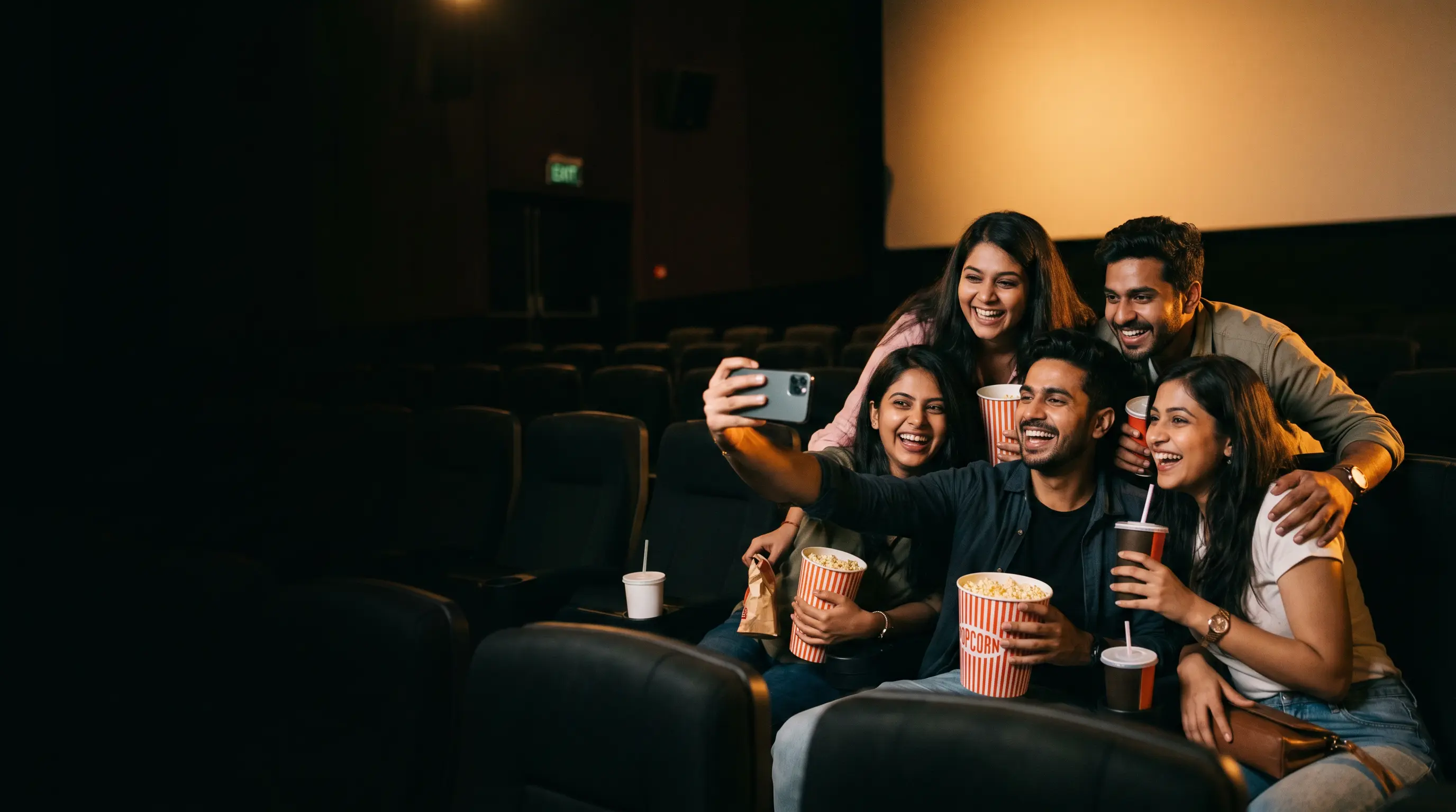 Friends laughing in a cinema, popcorn in hand